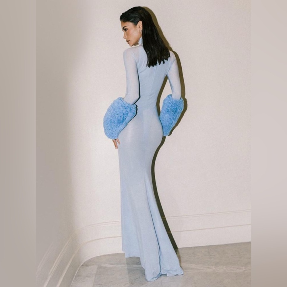 New Alaia Ruffle Dress in Ciel blue long sleeve maxi jersey bodycon - Picture 7 of 15